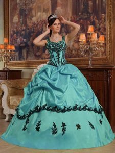 Black Appliques Accent Turquoise Taffeta Quinceanera Gown Straps