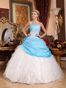 White and Blue Strapless Sweet Sixteen Dresses with Flowers Ruffles