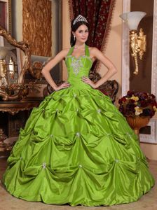 Spring Green Halter Quinceanera Dress with Appliques and Pick ups