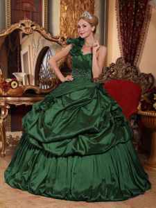 Flowers One Shoulder Beading Quinceanera Gowns in Hunter Green
