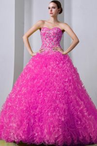 Hot Pink Brush Train Quinceanera Dresses with Rolling Flowers
