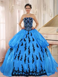 Dodger Blue Ball Gown Quinceanera Dress with Black Appliques