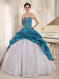 Teal and White Quinceanera Gown with Embroidery and Pick Ups