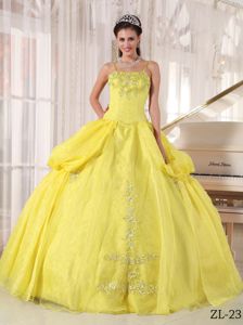 Appliqued Yellow Sweet Sixteen Dresses with Spaghetti Straps
