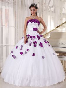 Corset Back Strapless White Sweet 16 Dress with Purple Flowers