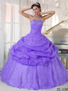Lavender Strapless Appliqued Sweet 15 Dresses with Pick Ups