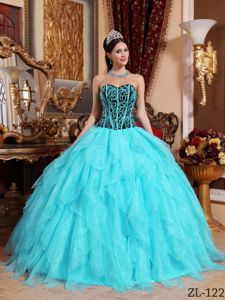 Aqua Blue Ruffled Quinceanera Party Dresses with Embroidery