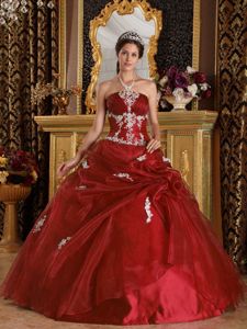 Wine Red Strapless Organza and Satin Quinceanera Dress with Appliques