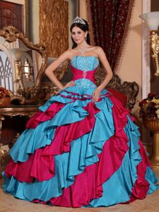 Aqua Blue and Red Dress For Quince with Embroidery and Ruffled Layers