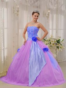 Lilac and Lavender Quinceanera Dress with Sash and Handmade Flowers