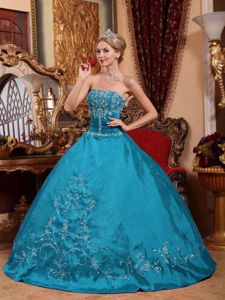 Teal Strapless Floor-length Embroidery Quinceneara Dresses
