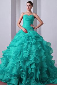 Turquoise Layered Ruffles Beaded Miss World Sweet 15 Dresses with Train on Sale