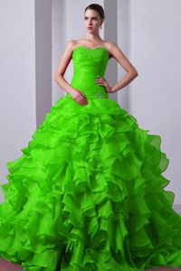 Spring Green Beaded Quinceneara Dresses with Layered Ruffles
