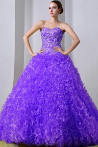 Purple Beaded Brush Train Quinceneara Dresses with Rolling Flowers