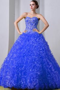 Blue Beaded Brush Train Sweet 15 Dresses with Rolling Flowers