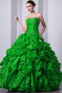 Green Beaded Layered Floor-length Ruffles Quinceneara Dresses