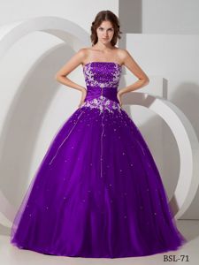 Purple Strapless Taffeta and Tulle Appliques Quinceneara Dress
