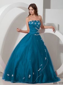 Teal Strapless Taffeta and Tulle Quince Dress with Appliques