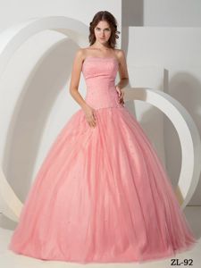 Elegant Strapless Beaded Pink Tulle Sweet Sixteen Dresses