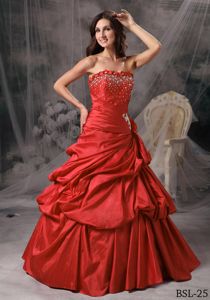 Red Beading Tiered Pleated Sweet 15/16 Birthday Dress with Pick-ups