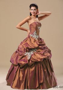 Bright Brown Ruched Appliqued Sweet Sixteen Dresses with Pick-ups