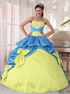 Unique Blue and Yellow Appliqued Sweet 16 Dresses with Bowknot