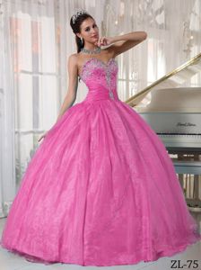 Peach Puff Ruched Sweetheart Dress for Quince with Appliques