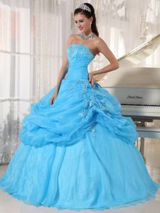 Popular Baby Blue Appliqued Quinceanera Dress with Pick-ups