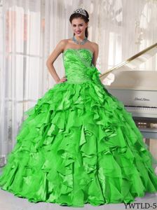 Spring Green Ruffled Quinceanera Dress with Ruches and Flowers