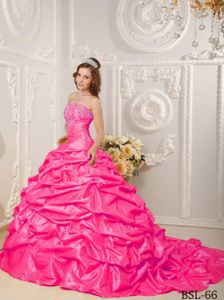Hot Pink Appliqued Court Train Dress for Sweet 16 with Pick-ups