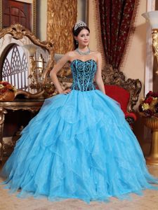 Sky Blue Beading Ruffled Dress for Sweet 16 with Lace up Back