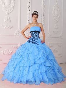 Blue Ball Gown Strapless Sweet 16 Dress with Ruffles and Appliques