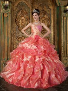 Watermelon Red Organza Ruffles Quinceanera Gowns Dresses with Beading
