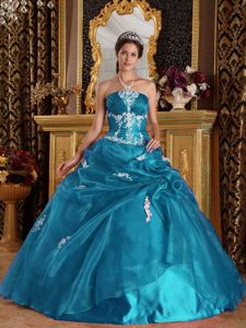 Teal Organza and Satin Dress Quinceanera with Appliques and Ruche