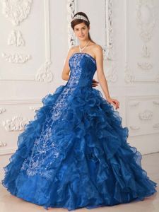 Blue Strapless Ruffled Dresses for Sweet 15 with Embroidery Hot Sale