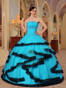 Unique Strapless Beading Blue Dress for Sweet 15 Organza Hot Sale