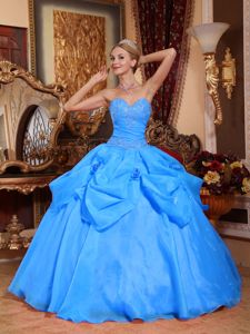 Impressive Appliques Sweetheart Organza Dress for a Quince in Blue