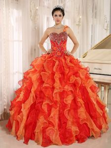 Orange Red One Shoulder Beaded Quince Dress with Ruffle Hot Sale