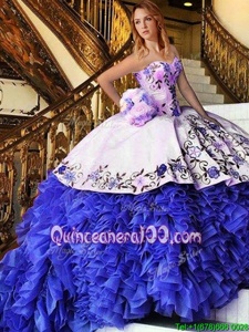 Inexpensive Sleeveless Organza Floor Length Lace Up Vestidos de Quinceanera inBlue And White forSpring and Summer and Fall and Winter withAppliques and Embroidery