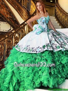 Suitable Sweetheart Sleeveless Organza Vestidos de Quinceanera Appliques and Embroidery and Ruffles Lace Up