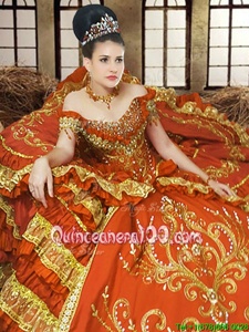 Customized Floor Length Orange Quinceanera Dress Off The Shoulder Sleeveless Lace Up