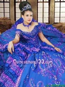 Cheap Royal Blue Ball Gowns Satin Off The Shoulder Sleeveless Embroidery Floor Length Lace Up 15 Quinceanera Dress