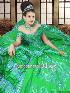 Gorgeous Off the Shoulder Floor Length Spring Green 15 Quinceanera Dress Satin Sleeveless Spring and Summer and Fall and Winter Embroidery