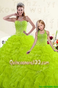 Wonderful Yellow Green Ball Gowns Beading and Ruffles Quince Ball Gowns Lace Up Organza Sleeveless Floor Length