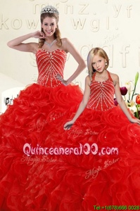 Inexpensive Sleeveless Floor Length Beading and Ruffles Lace Up Quinceanera Gown with Red