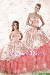 Trendy Sweetheart Sleeveless Quince Ball Gowns Floor Length Embroidery and Ruffled Layers Watermelon Red Organza