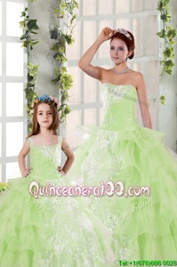 Pretty Organza Strapless Sleeveless Lace Up Beading and Ruffled Layers and Ruching Vestidos de Quinceanera inYellow Green