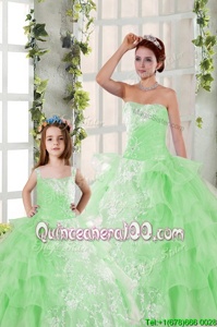 Superior Ruffled Strapless Sleeveless Lace Up Sweet 16 Dress Spring Green Organza