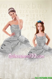 Decent Sleeveless Floor Length Beading and Ruffled Layers and Hand Made Flower Lace Up Sweet 16 Dresses with Grey