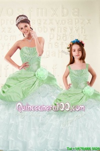 Elegant Spring Green Sweetheart Lace Up Beading and Ruffled Layers and Hand Made Flower Quinceanera Gowns Sleeveless